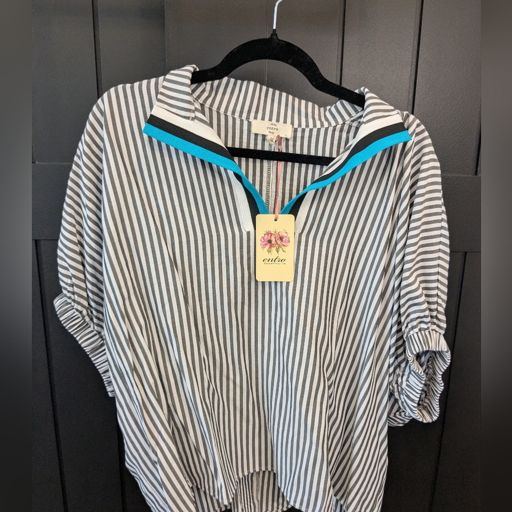 Entro Black and White Striped Blouse with Blue Trim